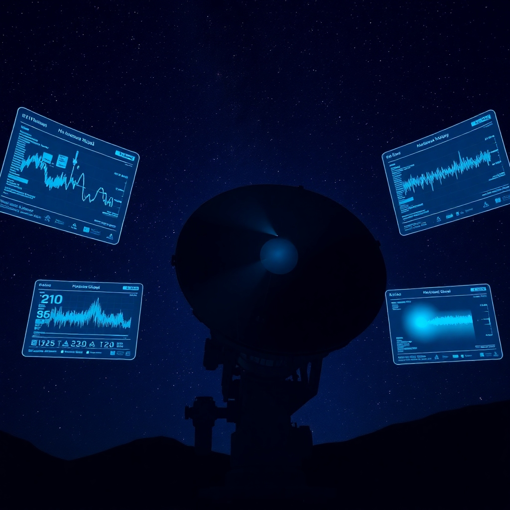A radio telescope pointed towards the sky, with holographic displays showing data and AI-driven analysis of radio signals. The AI system is highlighting a potential signal from an extraterrestrial civilization. The scene conveys the excitement of SETI research and the potential for discovering intelligent life beyond Earth. The lighting is dramatic, highlighting the vastness of space and the potential for communication with other civilizations. Photorealistic.