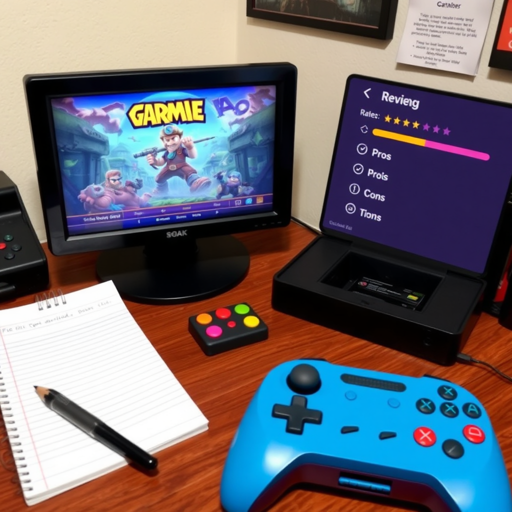 A reviewer's desk with a game console, notepad, and a rating system interface. The game being reviewed is displayed on a monitor with pros and cons listed beside it.