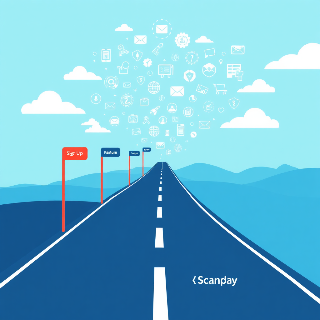 A roadmap with milestones like 'Sign Up', 'Explore Features', and 'Optimize Email', leading to a horizon filled with productivity icons.
