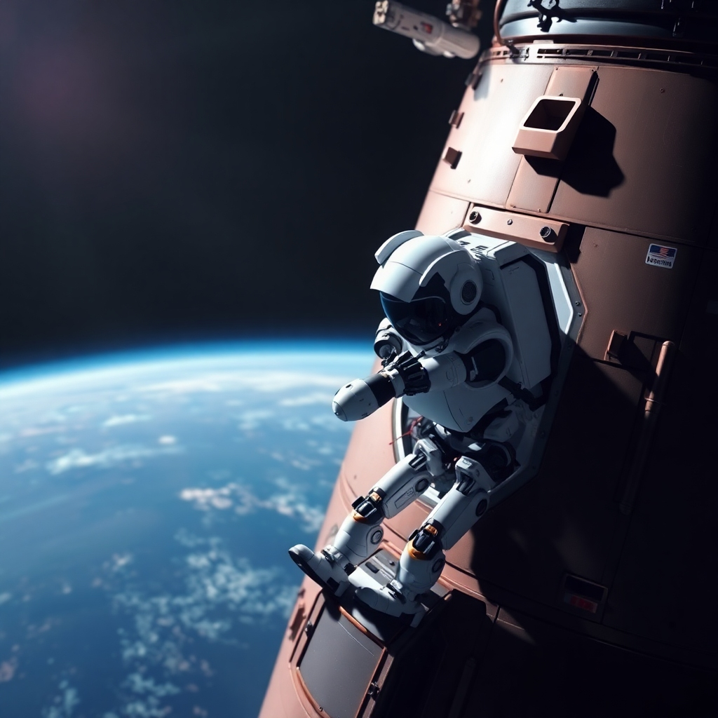 A robot assistant performing an EVA on the exterior of a spacecraft. The robot is inspecting the hull and making repairs. The scene conveys the challenges of EVA and the role of robots in reducing risk to astronauts. The lighting is dramatic, highlighting the vastness of space and the vulnerability of the robot. Stylized rendering with a touch of realism.