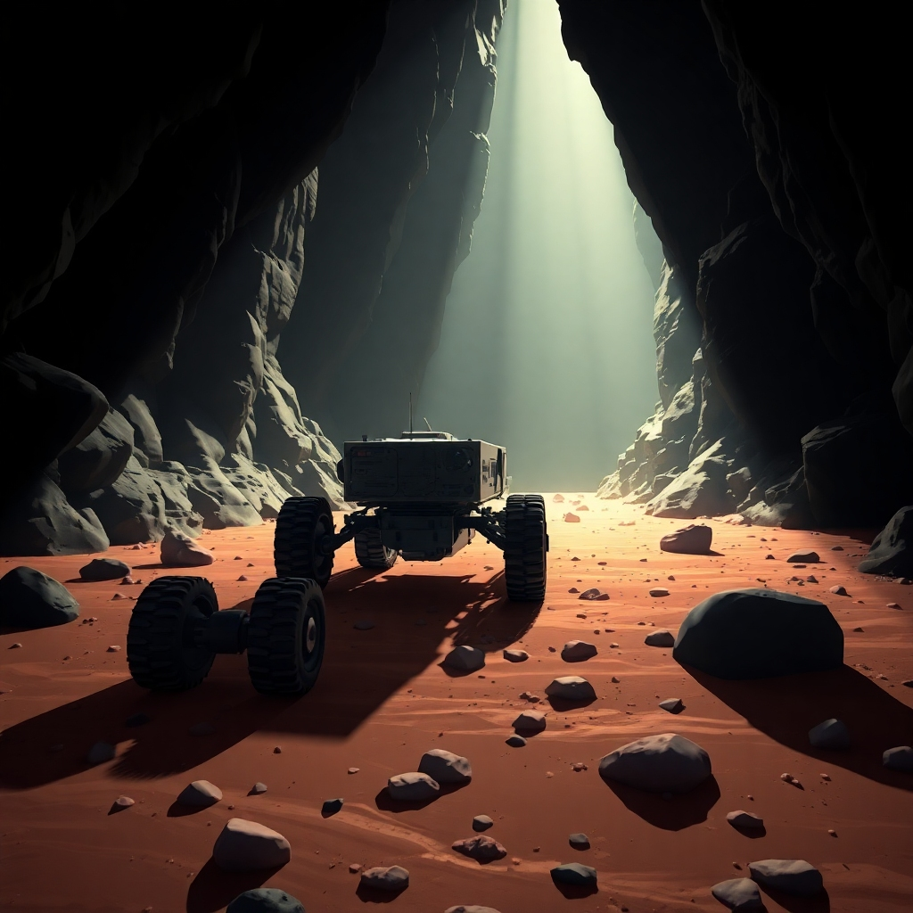 A rover navigating through a dark and treacherous canyon on a distant planet. The AI system is creating a 3D map of the environment, highlighting obstacles and potential hazards. The scene conveys the challenges of autonomous navigation and the role of AI in ensuring rover safety. The lighting is dramatic, with beams of light cutting through the darkness. Stylized rendering with a touch of realism.
