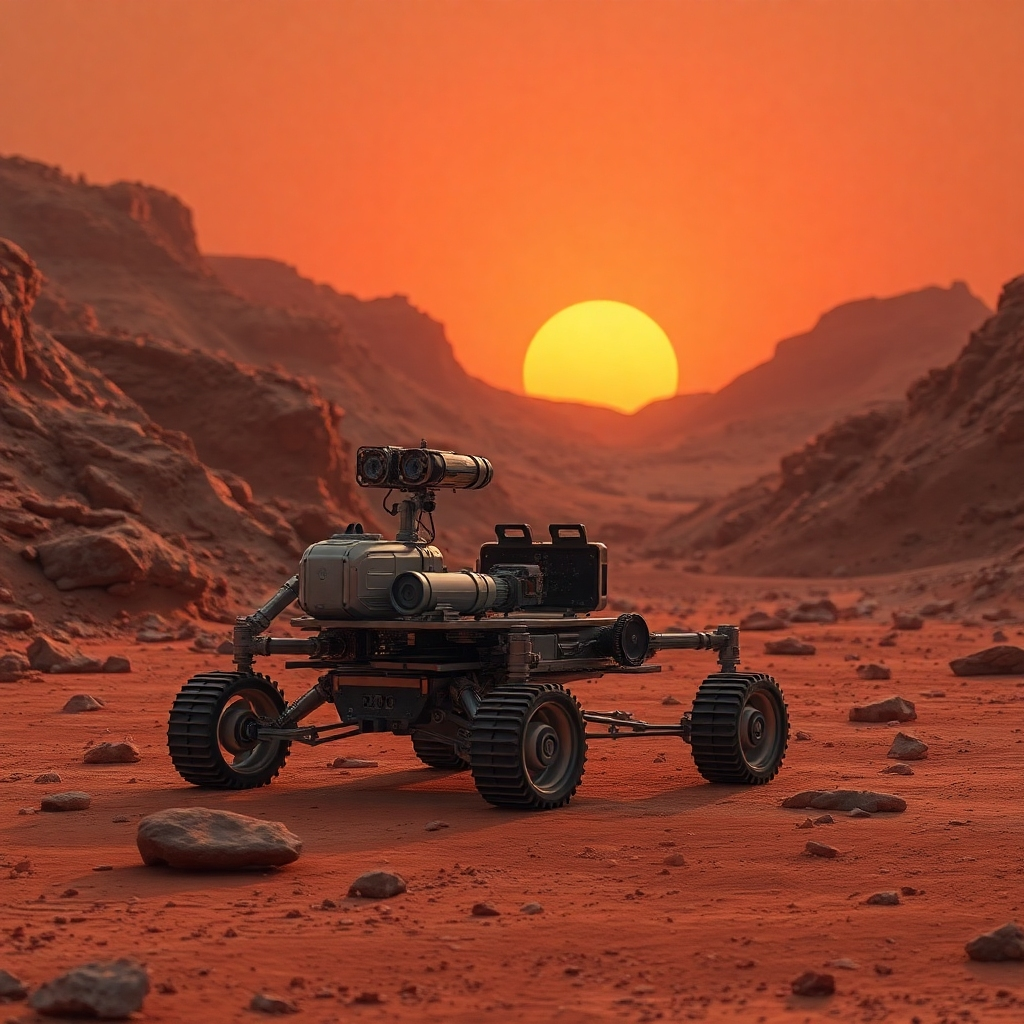 A rugged, rocky Martian landscape bathed in the orange glow of the setting sun. An advanced rover, equipped with scientific instruments and articulated arms, is autonomously exploring the terrain. The AI system is identifying geological features and collecting samples. The scene conveys the challenges and excitement of planetary exploration. The lighting is dramatic and atmospheric, highlighting the desolation and beauty of the Martian environment. Photorealistic.