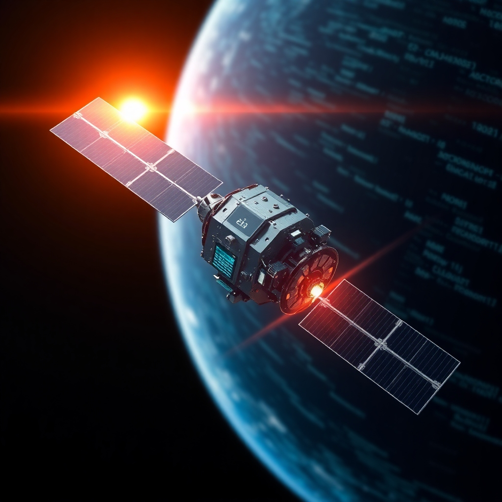 A satellite being targeted by a cyberattack, with digital code flowing around it. The AI system is detecting the attack and implementing countermeasures. The scene conveys the importance of data security in space exploration. The lighting is dramatic, highlighting the vulnerability of spacecraft to cyber threats. Stylized rendering with a touch of realism.