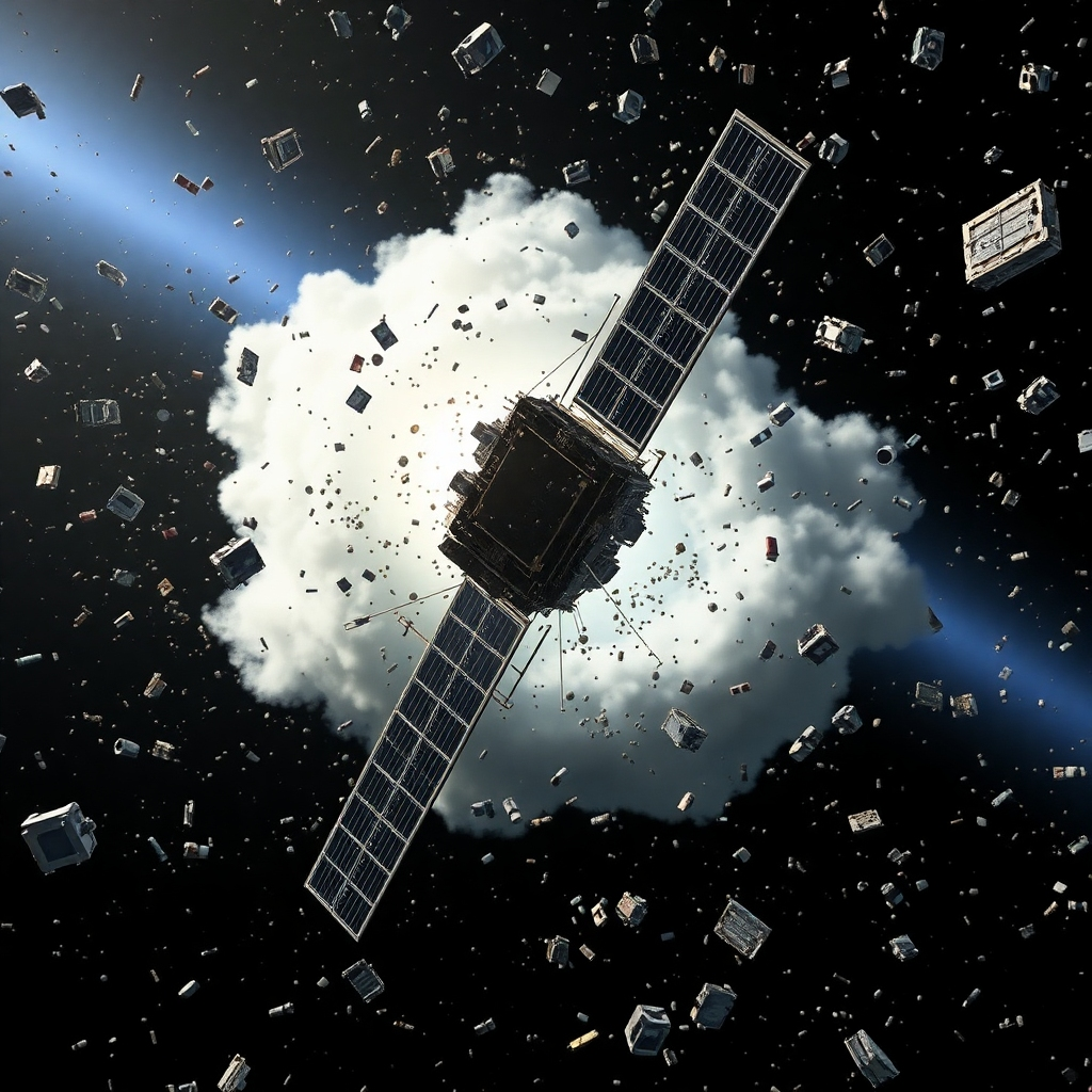 A satellite maneuvering through a cloud of space debris. The AI system is mapping the debris field and plotting a safe course. The scene conveys the challenges of operating in a crowded orbital environment and the role of AI in ensuring satellite safety. The lighting is dramatic, highlighting the contrast between the satellite and the surrounding debris. Stylized rendering with a touch of realism.