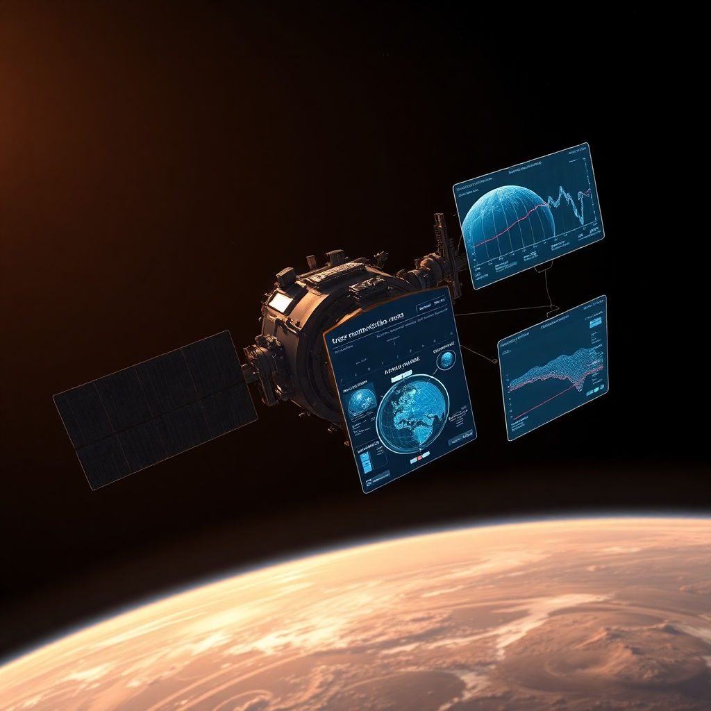 A satellite orbiting a distant planet, with its sensors pointed towards the surface. Holographic displays show real-time data and AI-driven analysis of atmospheric conditions and geological features. The scene emphasizes the importance of remote sensing and the role of AI in extracting meaningful insights. The lighting is dramatic, highlighting the contrast between the satellite and the planet below. Photorealistic.