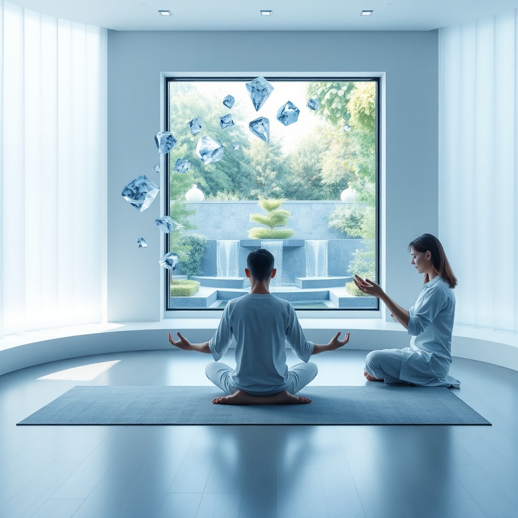 A serene meditation room with a person practicing mindfulness in lotus position, surrounded by soft lighting and calming blue tones. Floating visualizations of stress melting away like dissolving crystals around them. A therapist sits nearby guiding the session with gentle hand gestures. Through a large window, a peaceful garden with flowing water features is visible. The composition should create a sanctuary-like atmosphere with diffused light, smooth textures, and a sense of weightlessness, emphasizing mental clarity and emotional balance through harmonious color gradients and tranquil spatial arrangement.