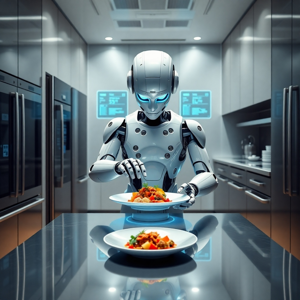 A sleek, modern kitchen filled with gleaming stainless steel appliances. In the center, a humanoid robot chef, with articulated arms and glowing blue eyes, is delicately plating a complex dish. The kitchen is spotless, with minimalist design. The robot is surrounded by holographic displays showing recipe data and ingredient analysis. Soft, diffused lighting highlights the futuristic atmosphere. Focus is on the robot's precision and the fusion of technology and culinary arts, embodying the future of cooking. Photorealistic rendering.