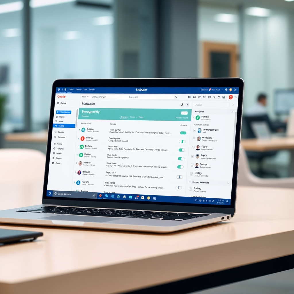 A sleek, modern laptop screen displaying the Mailbutler interface with emails being organized automatically. The background shows a blurred office environment, emphasizing focus on the tool's efficiency.