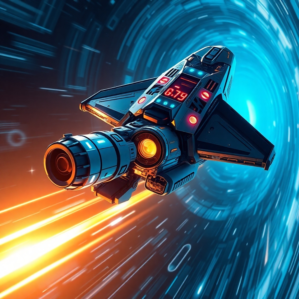 A spacecraft embarking on an interstellar journey, with AI systems managing navigation and resource allocation. The spacecraft is traveling through a wormhole or other exotic spacetime phenomenon. The scene conveys the excitement and challenges of interstellar travel. The lighting is futuristic and dynamic, highlighting the advanced technology required for such missions. Stylized rendering with a touch of realism.