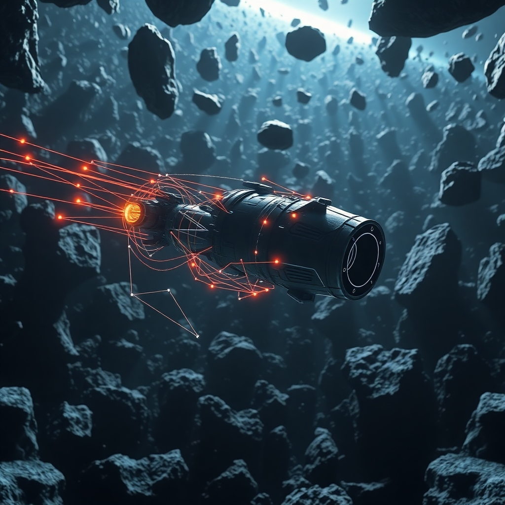 A spacecraft navigating through a dense asteroid field. The AI system, represented by glowing lines and geometric shapes, is mapping the environment and plotting a safe course. The scene conveys the challenges of deep-space navigation and the role of AI in ensuring mission safety. The lighting is dramatic, highlighting the contrast between the spacecraft and the surrounding asteroids. Stylized rendering with a touch of realism.