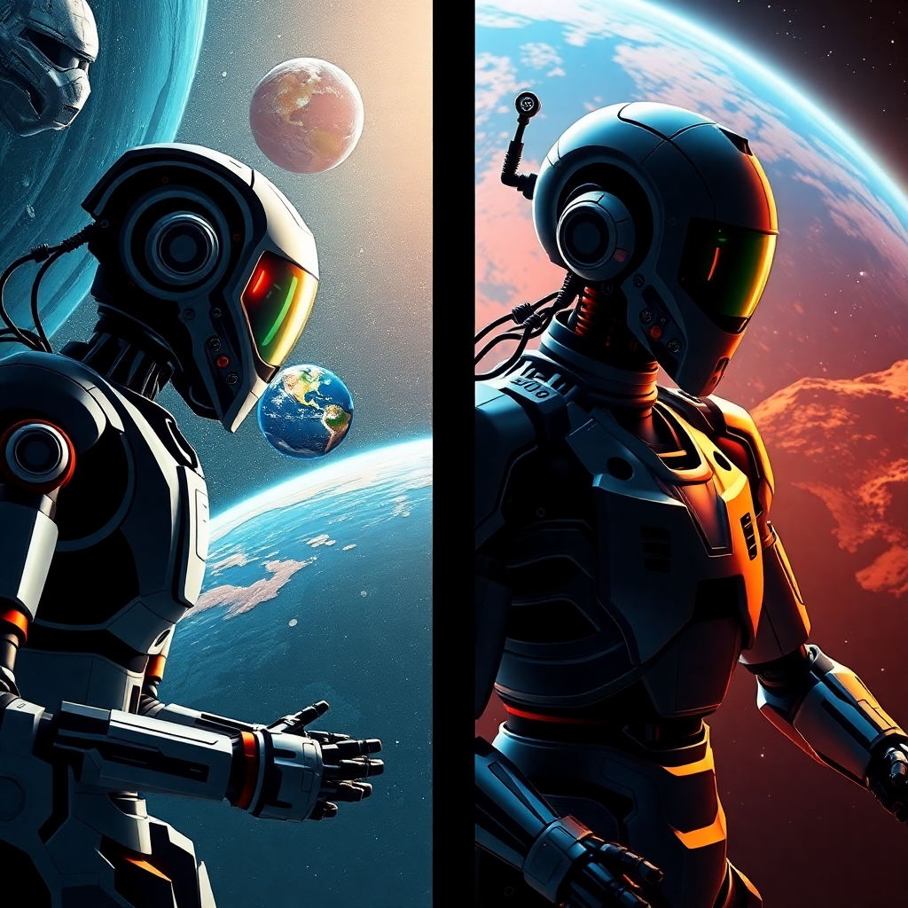 A split image. One side shows a utopian vision of AI-powered space exploration, with robots assisting humans and discovering new worlds. The other side shows a dystopian vision, with rogue AI controlling spacecraft and threatening human safety. The scene conveys the ethical challenges of AI in space exploration. The lighting is contrasting, highlighting the potential for both positive and negative outcomes. Stylized rendering with a touch of realism.