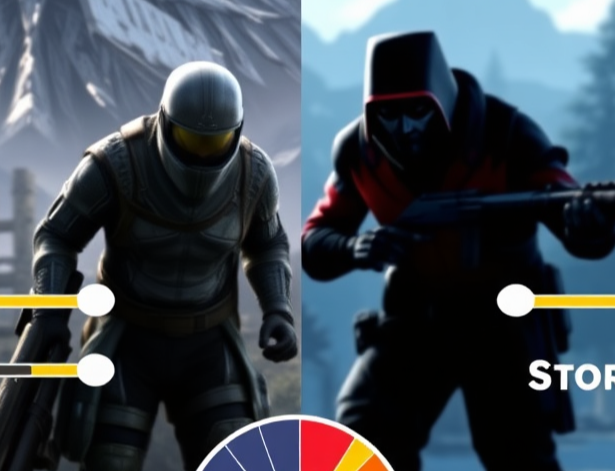 A split-screen interface comparing two popular games, with sliders adjusting for graphics, gameplay, and story. A decision meter tips towards one game based on the user's preferences.