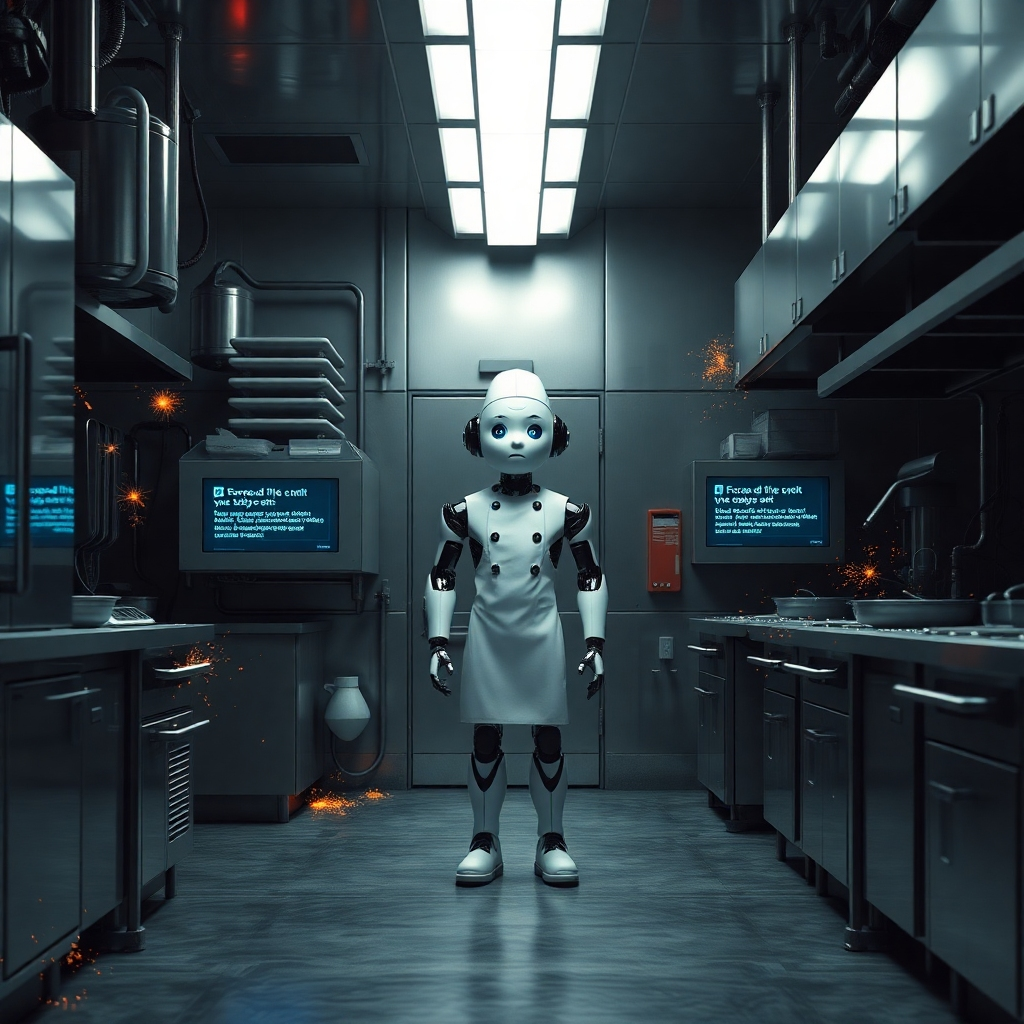 A stark, industrial kitchen setting. A lone robot chef stands amidst malfunctioning equipment, with sparks flying and error messages displayed on holographic screens. The robot's expression is confused and frustrated. The scene conveys the challenges and limitations of AI in culinary arts. The lighting is harsh and unforgiving, emphasizing the contrast between the idealized vision and the current reality. A touch of dramatic, stylized rendering.