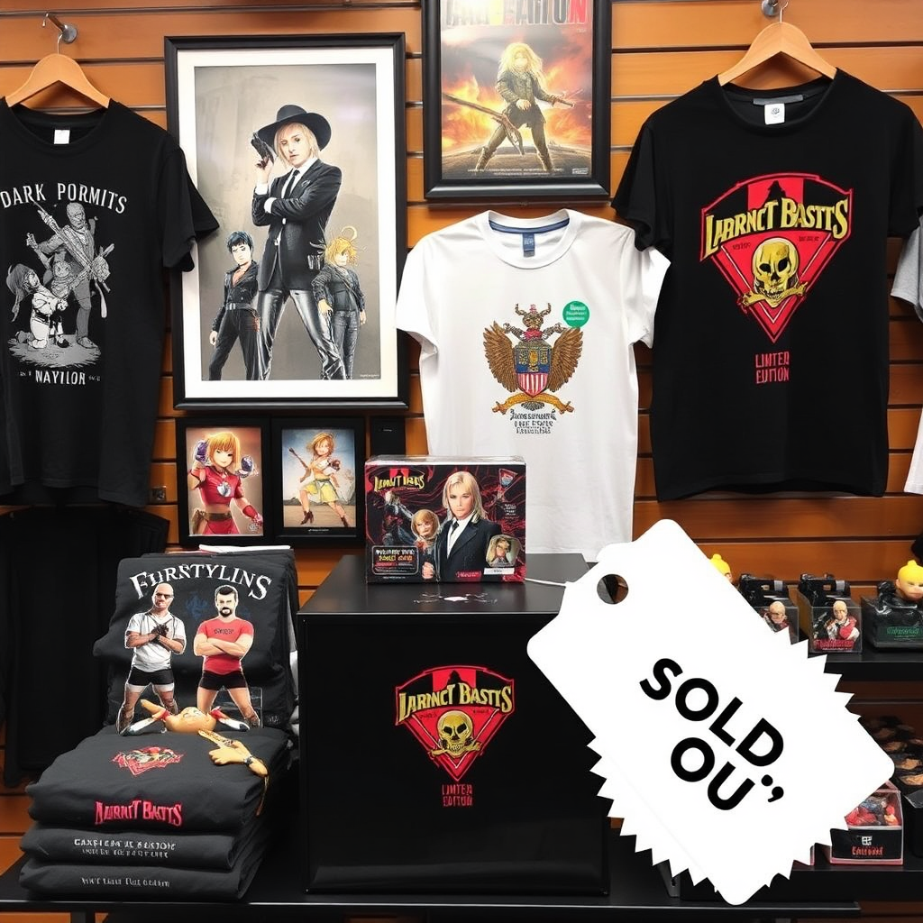 A stylishly arranged merchandise display featuring t-shirts, posters, and figurines. A limited edition item is spotlighted, with a 'Sold Out' tag teasing its rarity.