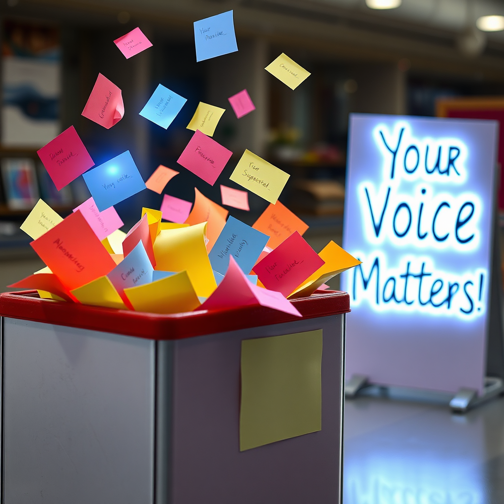 A suggestion box overflowing with colorful notes, some floating out as holograms. A 'Your Voice Matters' message is displayed prominently nearby.