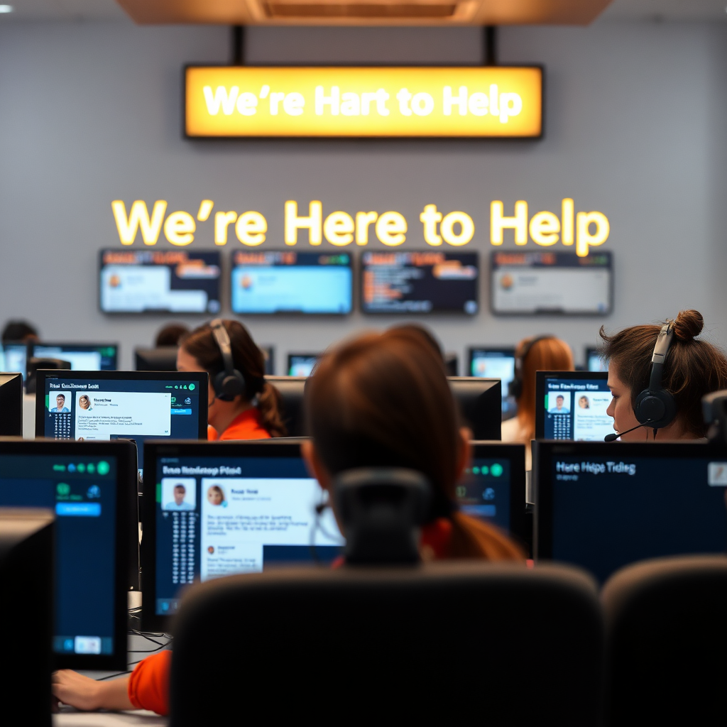 A support center with agents wearing headsets, surrounded by screens showing live chats and tickets. A 'We're Here to Help' sign glows warmly above.