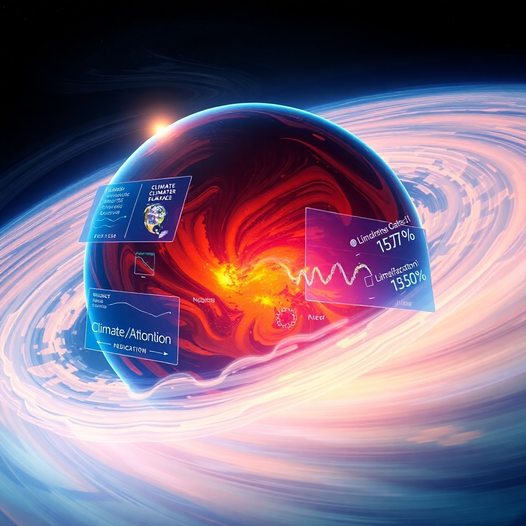 A swirling, colorful representation of a planet's atmosphere, with holographic overlays displaying climate data and AI-driven predictions. The scene conveys the complexity of climate modeling and the role of AI in understanding planetary climate. The lighting is vibrant and dynamic, highlighting the interconnectedness of atmospheric processes. Stylized rendering with a touch of realism.