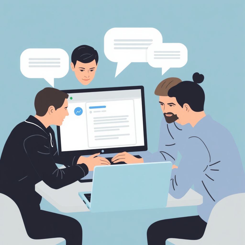 A team huddled around a laptop, collaboratively responding to an email in a shared inbox, with chat bubbles floating around, symbolizing teamwork.