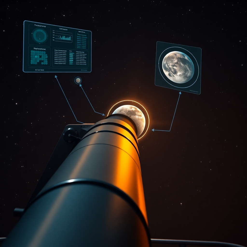 A telescope pointed towards the night sky, with holographic displays showing data and AI-driven analysis. The AI system is highlighting a potentially habitable exoplanet orbiting a distant star. The scene conveys the excitement of exoplanet discovery and the role of AI in identifying new worlds. The lighting is dramatic, highlighting the vastness of space and the potential for life beyond Earth. Photorealistic.