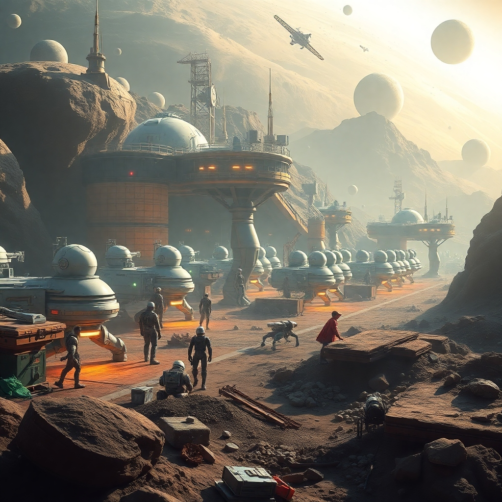 A thriving space colony on a distant planet, with AI-powered robots constructing habitats and extracting resources. The colony is a sustainable ecosystem, with humans and robots living in harmony. The scene conveys the potential for space colonization and the role of AI in creating self-sufficient settlements. The lighting is warm and inviting, highlighting the comfort and safety of the colony environment. Photorealistic.