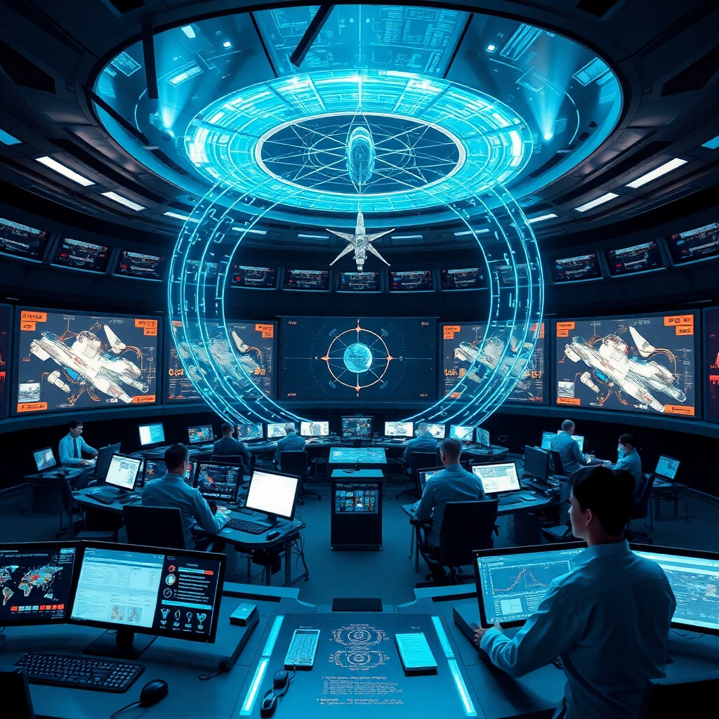 A vast, futuristic mission control center filled with glowing screens and focused engineers. A central holographic display shows a spacecraft navigating through space. The AI system, represented by abstract geometric patterns, is analyzing data and making critical decisions. The scene embodies the complexity and collaboration required for interplanetary missions. The lighting is cool and professional, conveying a sense of high technology and scientific precision. Photorealistic.