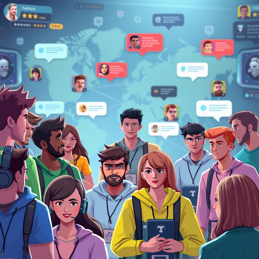 A vibrant online community scene with avatars of diverse gamers interacting in a virtual space. The background features a digital world map highlighting connections between players, with chat bubbles and game notifications floating around.