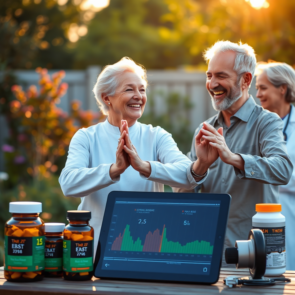 A vibrant senior couple in their 70s laughing while practicing tai chi in a sunlit garden with a healthcare coach observing their form. Time-lapse elements show their progression from middle age to current vitality. In the foreground, advanced longevity biomarkers display on a tablet alongside nutritional supplements and exercise equipment. The composition should celebrate active aging with warm golden hour lighting, showing strength and joy in movement. The background includes both modern medical technology and natural elements, symbolizing the integration of science and lifestyle for extended healthspan through detailed character expressions and realistic physical capability depiction.