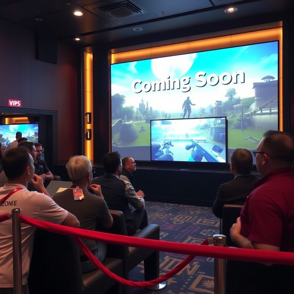 A VIP lounge area with a 'Coming Soon' game playing on a large screen. Gamers with early access badges are enjoying the game, while others look on with anticipation through a velvet rope.