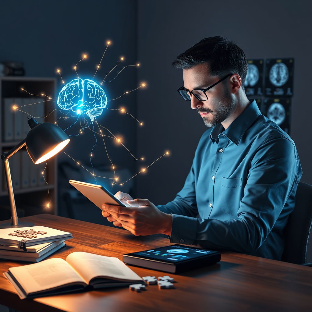 An artistic representation of neural pathways lighting up during cognitive activity. A professional in their 30s engages in brain-training exercises on a tablet while glowing connections map their mental activity in the air around them. Books and puzzles sit on a nearby desk, and a neurologist points to brain scan results showing optimal activity patterns. The scene should blend realistic human interaction with semi-abstract neural visualizations, using electric blue and gold tones to symbolize mental energy and connectivity while maintaining a professional clinical environment through accurate medical imaging elements.