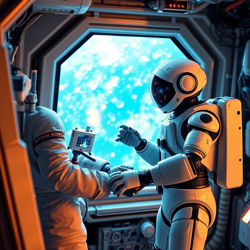 An astronaut working alongside a friendly-looking robot assistant on a space station. The robot is performing maintenance tasks and assisting with experiments. The scene conveys the benefits of human-robot collaboration in space. The lighting is warm and inviting, highlighting the comfort and safety of the space station environment. Photorealistic.