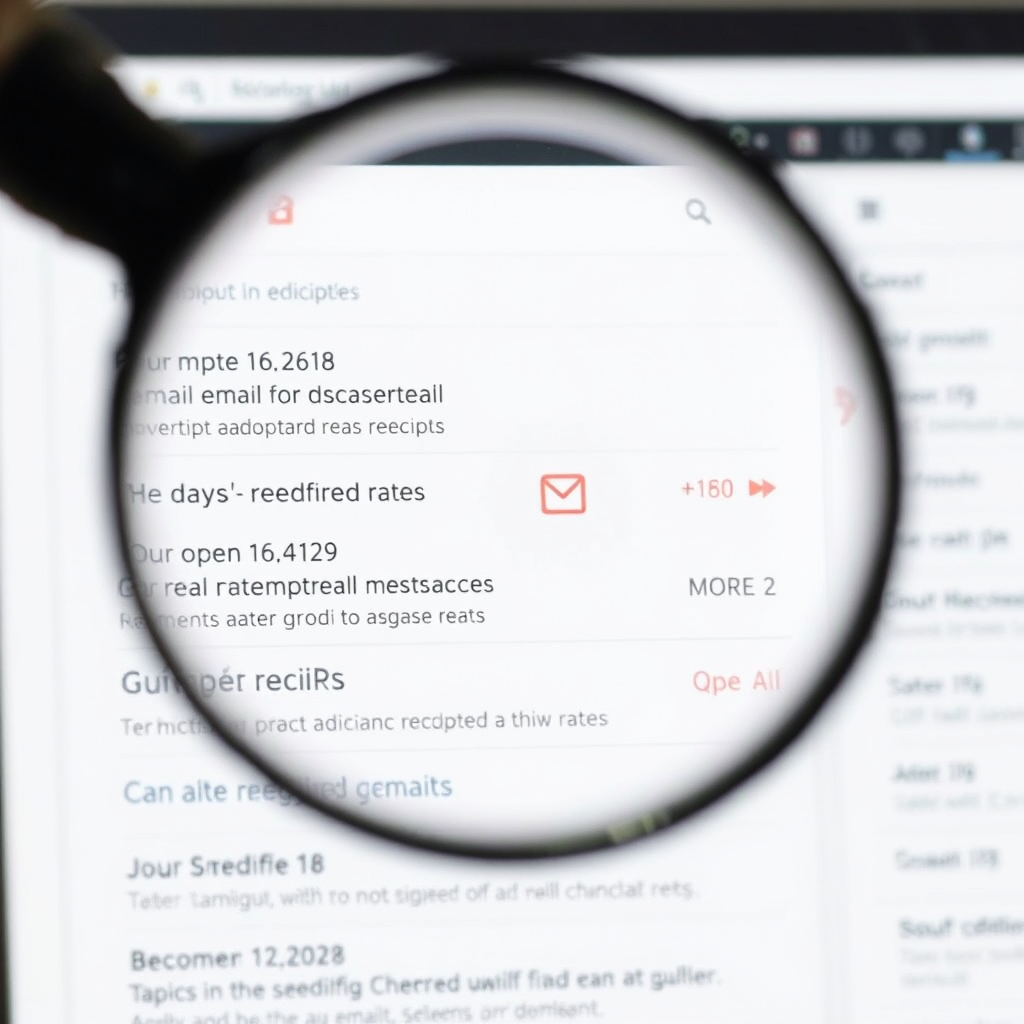 An email inbox interface with read receipts and open rates displayed next to each email, under a magnifying glass to emphasize tracking and analysis.