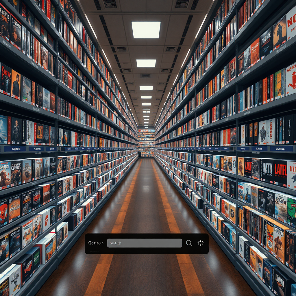 An expansive digital library with shelves stretching into infinity, each holding game cases that light up as you hover over them. The aisle is lined with genre signs, and a search interface floats in the foreground.