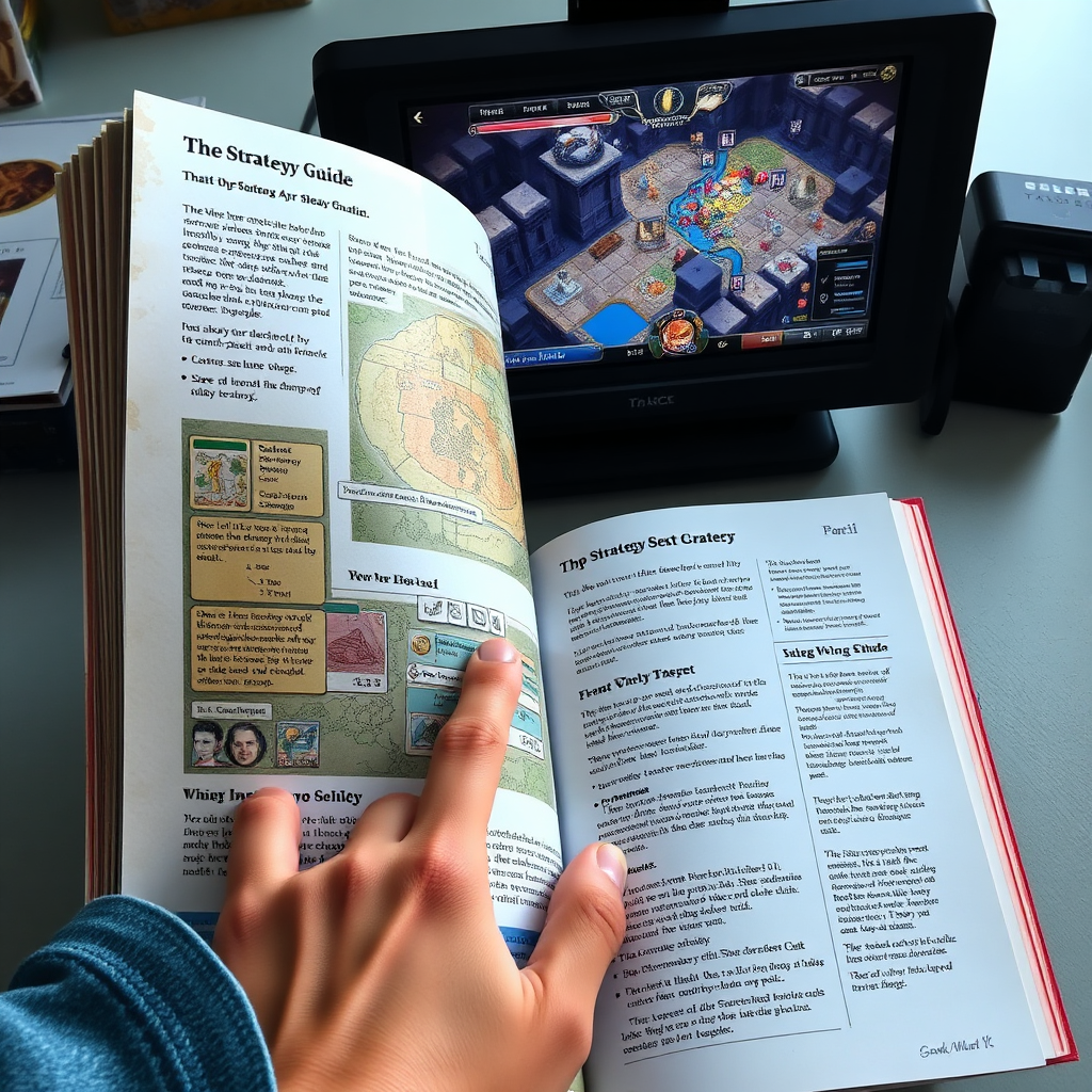 An open strategy guide book with annotated maps and tips. A gamer's hand points to a crucial part of the guide, with the corresponding game scene on a nearby screen.