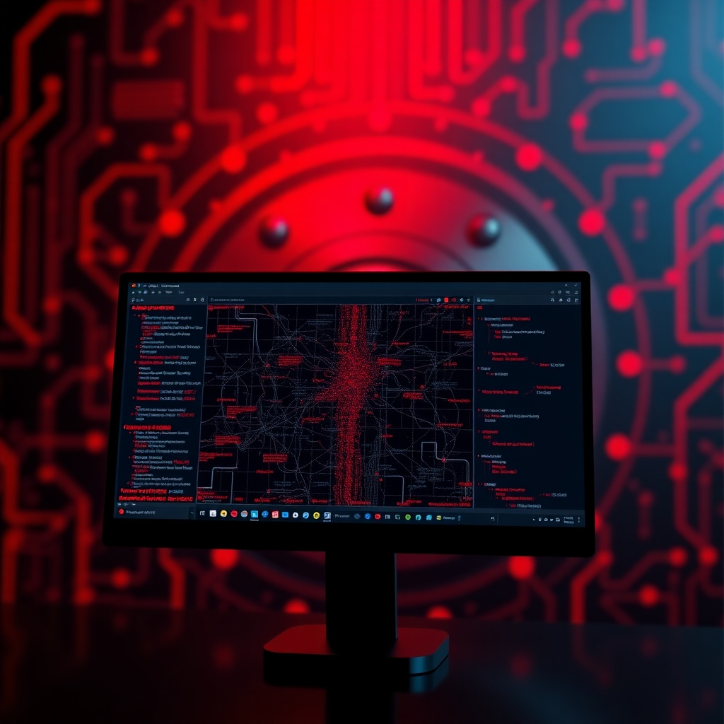 Create a photorealistic image of an AI system detecting fraudulent activity. The focus is on a screen displaying a complex network of transactions with suspicious patterns highlighted in red. The background is a stylized representation of a secure digital vault, symbolizing the protection of financial assets. The color palette should be serious and alert, with reds, oranges, and blacks dominating the scene. The overall style should convey a sense of vigilance and security, highlighting the effectiveness of AI-driven fraud detection. Render in 8k.