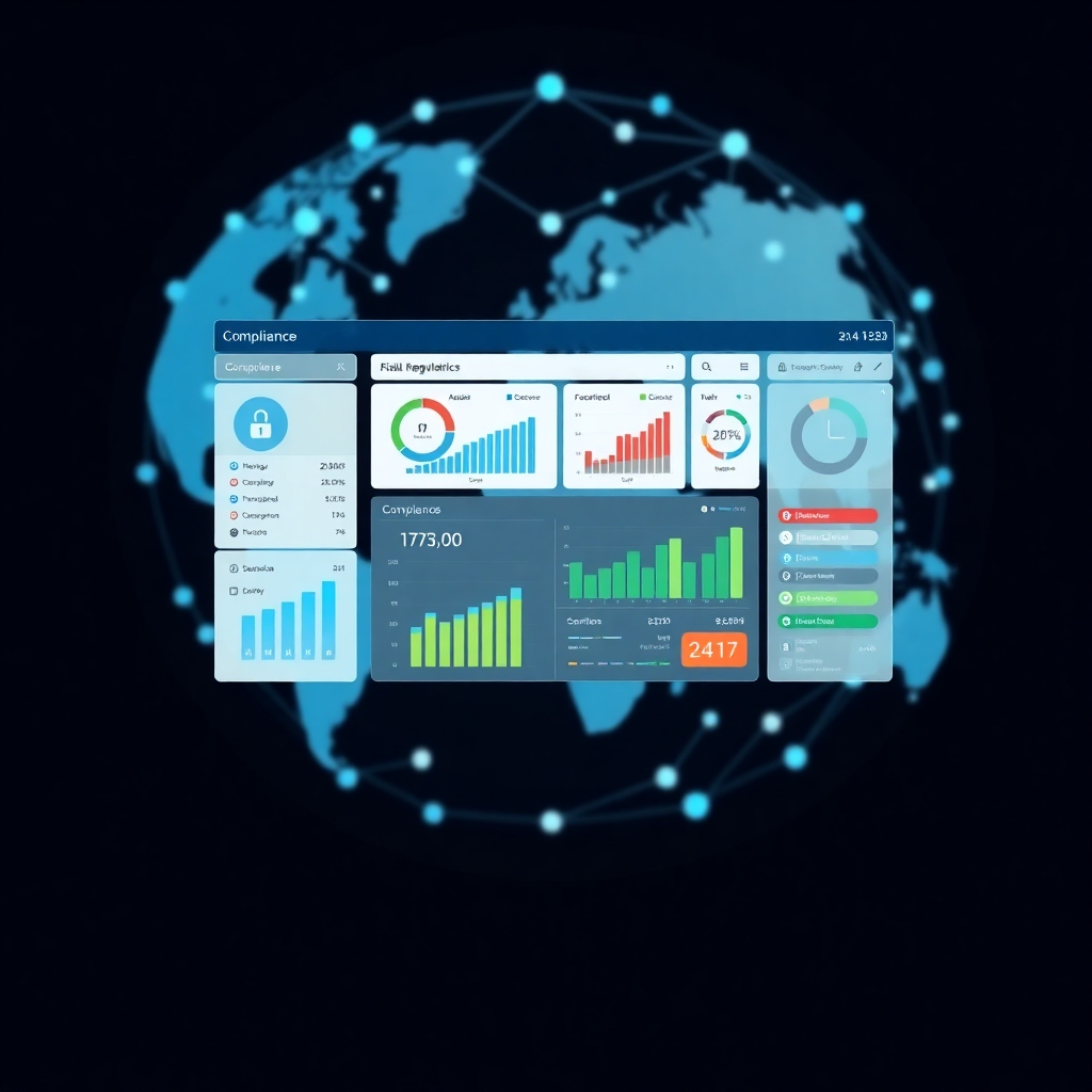 Create a photorealistic image of an AI-powered compliance system. The central focus should be a digital dashboard displaying real-time compliance metrics and risk assessments. The dashboard should feature a clean, intuitive interface with charts, graphs, and alerts. In the background, depict a stylized representation of global regulations symbolized by interconnected nodes. The color palette should be professional and trustworthy, utilizing blues, greens, and grays. The image should convey a sense of control, security, and efficiency. Consider a slightly overhead perspective to showcase the dashboard's comprehensive overview. The resolution should be 8K, emphasizing the clarity and precision of the data displayed.