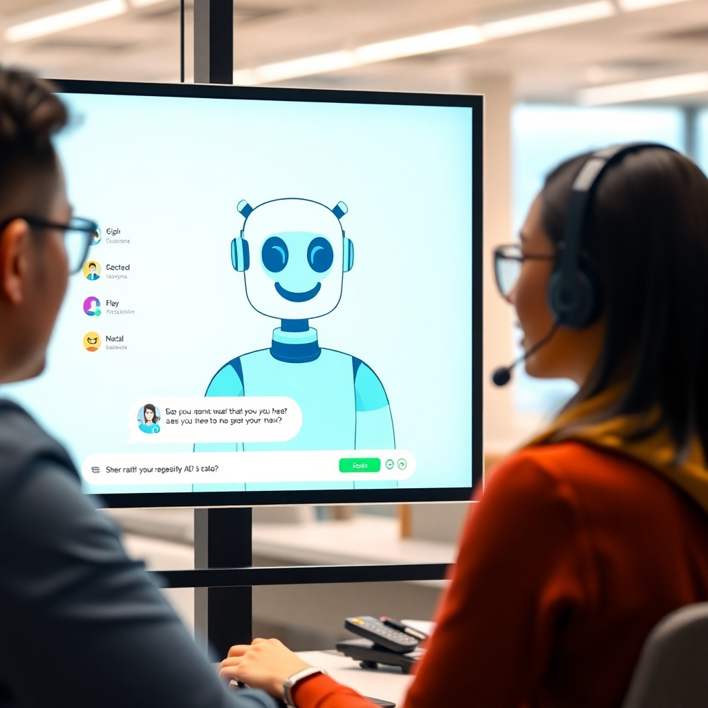 Create a photorealistic image of a friendly AI chatbot interacting with a customer. The chatbot is displayed on a screen with a clean and intuitive interface. The background is a modern office environment, suggesting seamless integration with existing customer service systems. The color palette should be warm and inviting, with blues, greens, and yellows dominating the scene. The overall style should convey a sense of helpfulness and efficiency, highlighting the benefits of AI-enhanced customer service. Render in 8k.