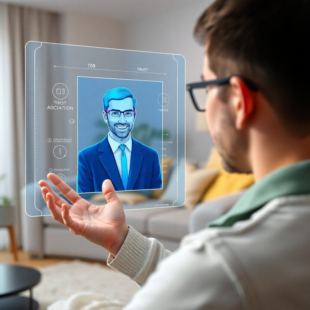 Create a photorealistic image of a person interacting with a friendly and approachable AI financial advisor on a holographic display. The AI avatar should be modern and professional-looking, conveying trust and competence. The background should be a comfortable and inviting home environment, suggesting personalized financial advice tailored to the individual's needs. The color palette should be warm and inviting, with soft blues, greens, and yellows dominating the scene. The overall style should be modern and sophisticated, emphasizing the human-AI connection. Render in 8k.