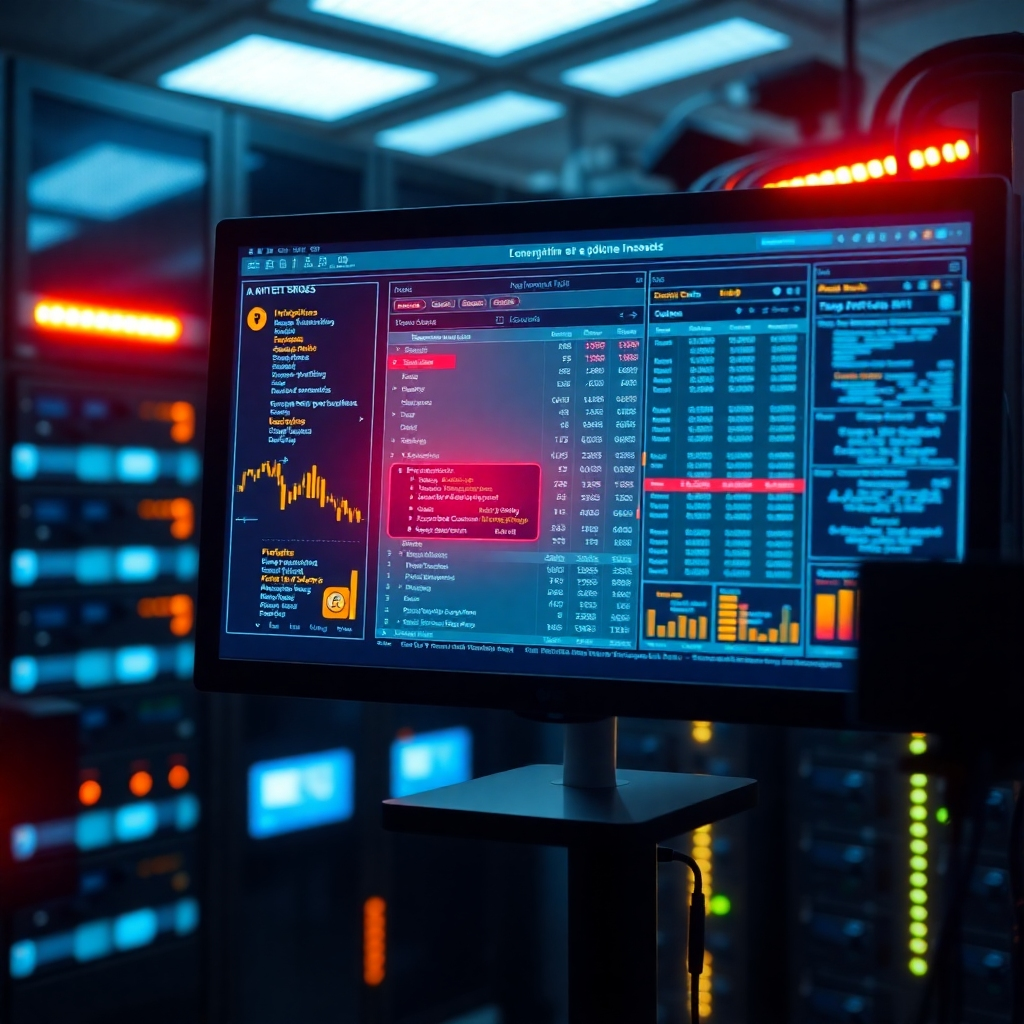 Create a photorealistic image showing an AI system auditing financial documents. The focus is on a screen displaying complex financial data with AI algorithms highlighting discrepancies and potential fraud markers in bright red and yellow. The background is a stylized representation of a secure server room, with blinking lights and network cables. The overall mood should be serious and focused, conveying the importance of accuracy and security in auditing. The color palette should be a mix of cool blues and greens with stark red and yellow highlights. The style should be clean and modern. Render in 8K resolution with sharp details.