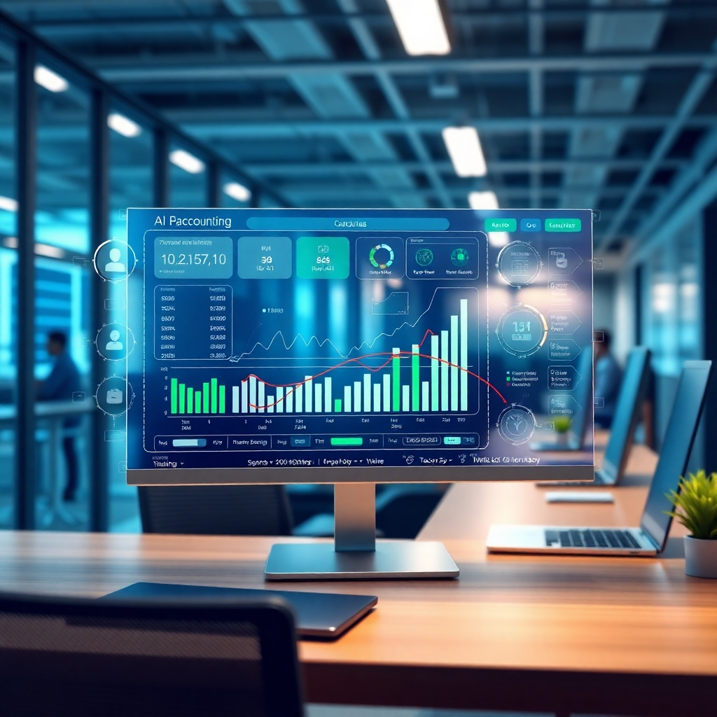 Create a photorealistic image of an AI system managing accounting tasks. The central focus should be a digital dashboard displaying financial data with AI algorithms performing calculations and generating reports. The background is a modern office environment, suggesting seamless integration with existing accounting systems. The color palette should be professional and efficient, with blues, greens, and whites dominating the scene. The overall style should convey a sense of automation and precision, highlighting the benefits of AI-driven accounting. Render in 8k.