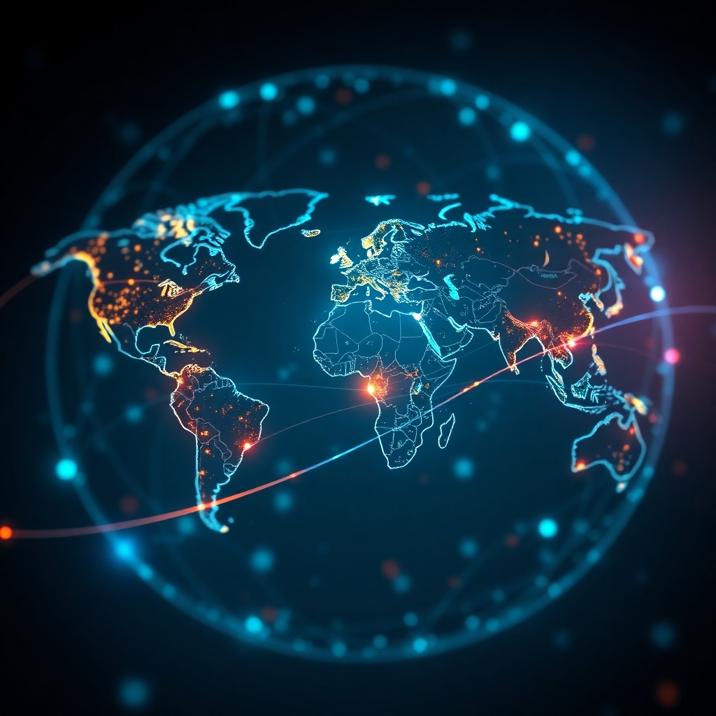 Create a photorealistic image of a global financial network with streams of data flowing in real-time. The central focus is a world map with glowing lines connecting major financial centers. The data streams are represented by vibrant colors, reflecting the dynamic nature of global finance. The background should be a dark and atmospheric space, emphasizing the scale and complexity of the network. The overall style should be modern and sophisticated, conveying the power of real-time data analysis. Render in 8k.