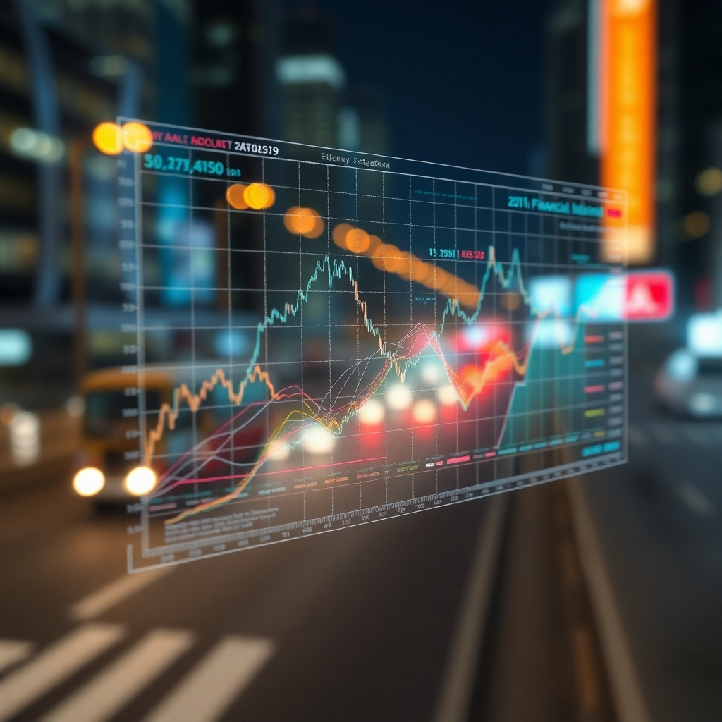 Create a photorealistic image of a complex data visualization rendered as a 3D holographic projection. The visualization represents market trends and financial risks, with rising and falling lines and color-coded data points. The background should be a blurred cityscape at night, with streaks of light from passing cars. Focus on the intricate details of the holographic projection, emphasizing the depth and complexity of the data. Use a shallow depth of field to draw attention to the projection. The color palette should consist of blues, greens, and oranges, with a focus on clarity and readability. The overall style should be modern and sophisticated, inspired by data visualization art and technology magazines. The resolution should be 8K.