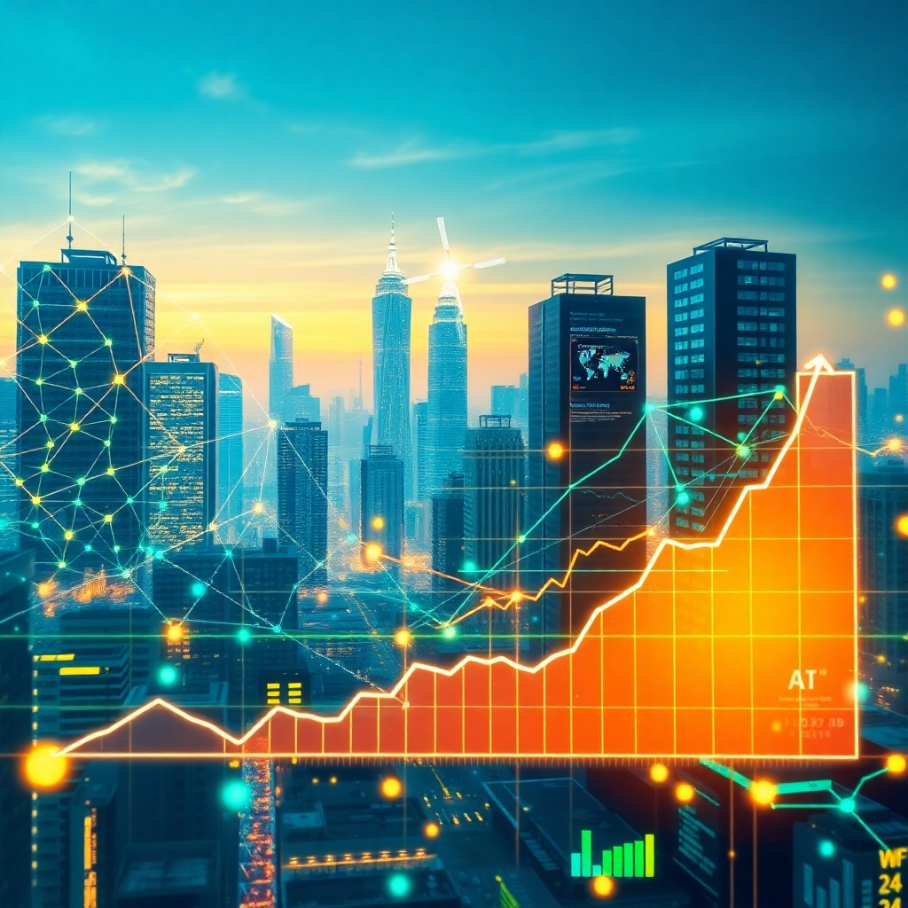 Create a stylized image depicting a futuristic cityscape with interconnected neural networks overlaid on the buildings. The neural networks glow with light, representing AI algorithms processing vast amounts of data. In the foreground, holographic charts and graphs illustrate financial forecasts, with upward-trending lines and positive growth indicators. The color palette should be vibrant and optimistic, with blues, greens, and yellows dominating the scene. The overall style should be futuristic and sophisticated, conveying the power and potential of AI-driven financial forecasting. Render in 8k.