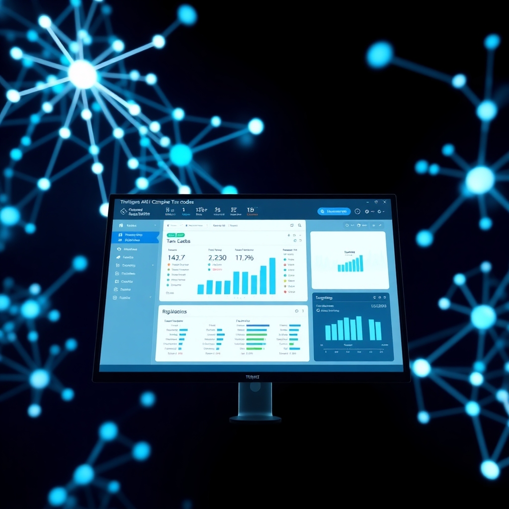 Generate a photorealistic image of an AI interface simplifying complex tax codes. The screen displays a user-friendly dashboard with interactive tools for tax optimization. In the background, abstract representations of tax laws and regulations are visualized as glowing networks of interconnected nodes. The color palette should be clean and professional, with blues, greens, and whites dominating the scene. The overall style should convey a sense of clarity, efficiency, and security, highlighting the benefits of AI-driven tax optimization. Render in 8k.