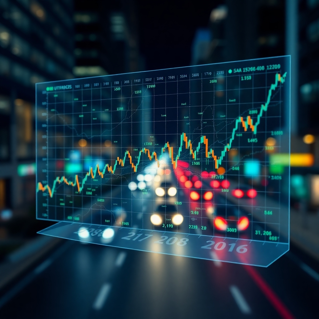 Generate a photorealistic image of a complex data visualization rendered as a 3D holographic projection. The visualization represents stock market trends, with rising and falling lines and color-coded data points. The background should be a blurred cityscape at night, with streaks of light from passing cars. Focus on the intricate details of the holographic projection, emphasizing the depth and complexity of the data. Use a shallow depth of field to draw attention to the projection. The color palette should consist of blues, greens, and oranges, with a focus on clarity and readability. The overall style should be modern and sophisticated, inspired by data visualization art and technology magazines. The resolution should be 8K.
