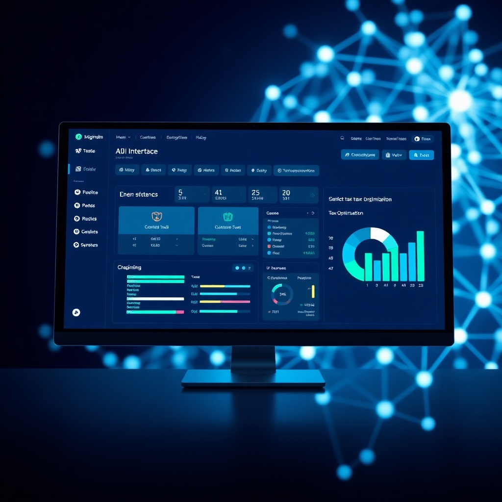Generate a photorealistic image of an AI interface simplifying complex tax codes. The screen displays a user-friendly dashboard with interactive tools for tax optimization. In the background, abstract representations of tax laws and regulations are visualized as glowing networks of interconnected nodes. The color palette should be clean and professional, with blues, greens, and whites dominating the scene. The overall style should convey a sense of clarity, efficiency, and security, highlighting the benefits of AI-driven tax optimization. Render in 8k.