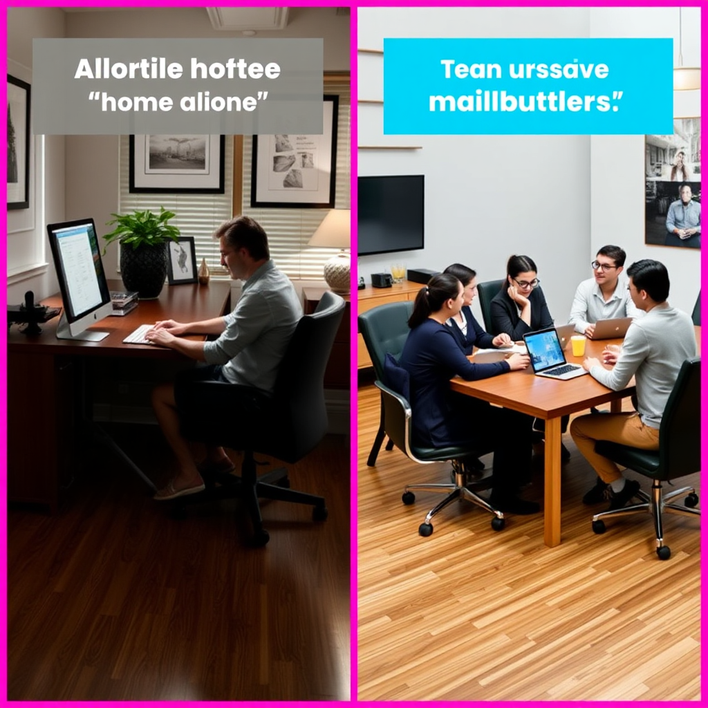 Two scenarios side by side: one person working alone at a home office and a team in a meeting room, both using Mailbutler features effectively, highlighting versatility.
