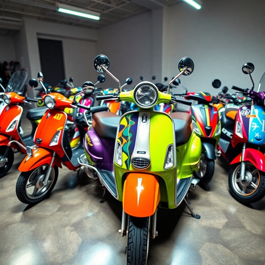A brightly lit image showcasing a variety of customized scooters, each with unique paint jobs, accessories, and modifications. The scooters should be arranged in a visually appealing manner. Camera angle: eye-level, capturing the overall aesthetic of the customized scooters. Color Palette: A wide range of vibrant and contrasting colors.