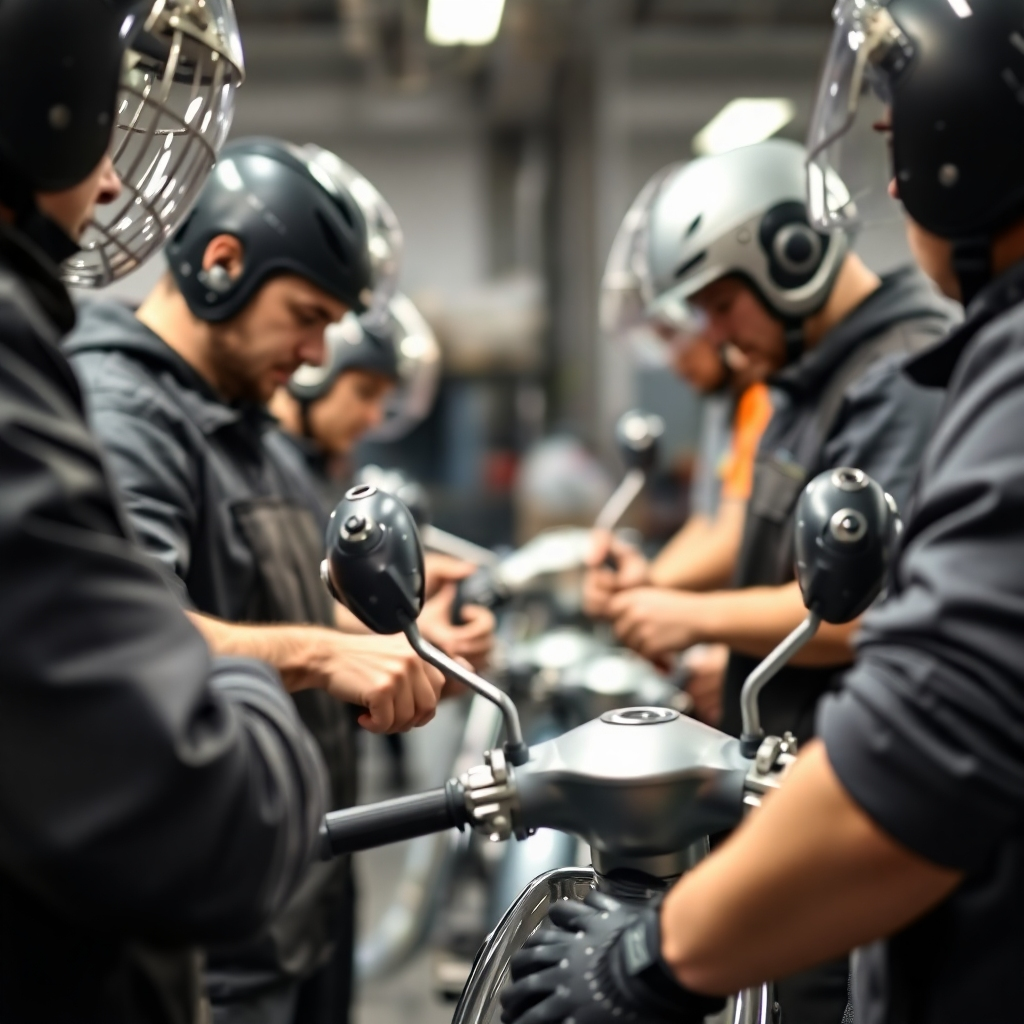 A close-up shot of a mechanic teaching a group of scooter riders how to perform basic maintenance tasks. The focus should be on the tools and the parts being serviced. The lighting should be bright and well-lit. Camera angle: close-up, emphasizing the details of the maintenance process. Color Palette: Silver, black, and shades of gray.