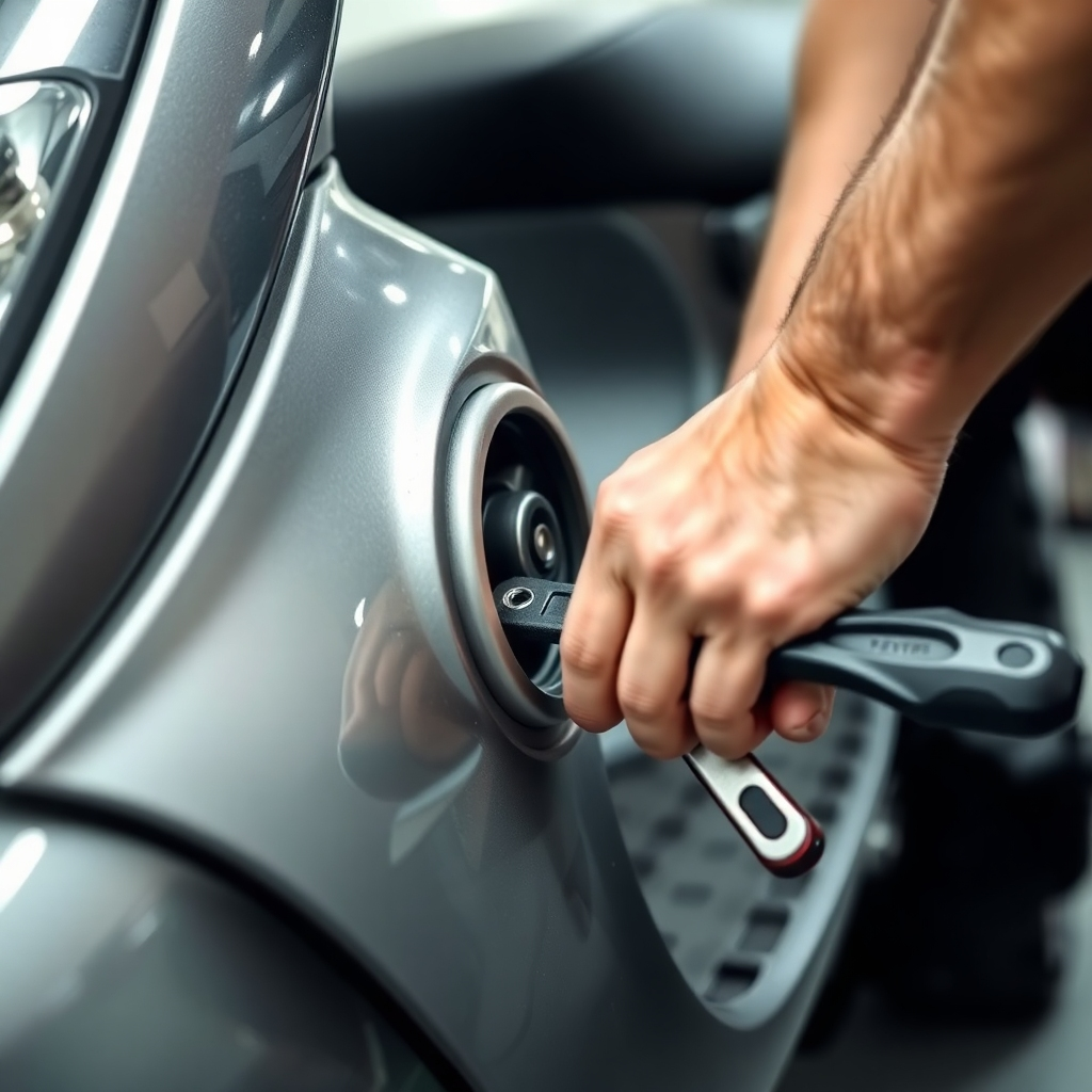 A close-up shot of a person performing routine maintenance on a scooter. The focus should be on the tools and the parts being serviced. The lighting should be bright and well-lit. Camera angle: close-up, emphasizing the details of the maintenance process. Color Palette: Silver, black, and shades of gray.