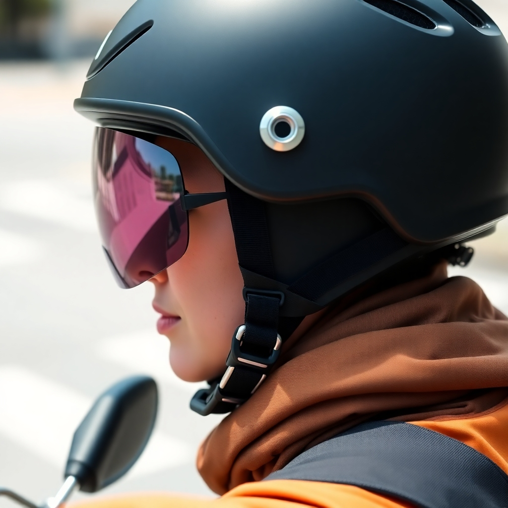  A close-up shot of a scooter rider properly wearing a helmet and other safety gear. The focus should be on the details of the safety equipment. The lighting should be clear and well-lit. Camera angle: close-up, emphasizing the importance of safety. Color Palette: Neutral colors with pops of bright orange or yellow for visibility.